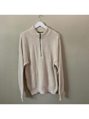 Classic Cotton Fisherman Costal Grandma Half Zip Neutral Cream Made in USA